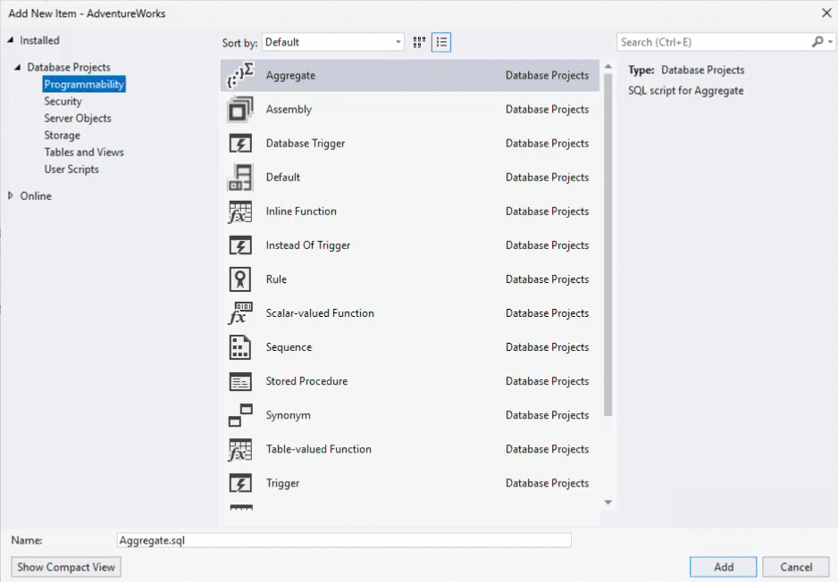 GIF that shows clicking through new templates for SQL projects in SSMS 22.5