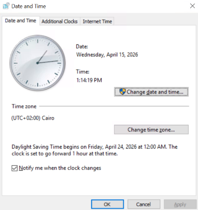 The Date and Time dialog box shows April 24 as the beginning of DST.