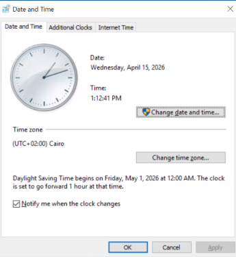 The Date and Time dialog box shows May 1 as the beginning of DST.