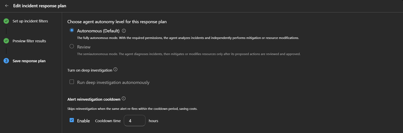 Response plan Save step with merge enabled and cooldown set