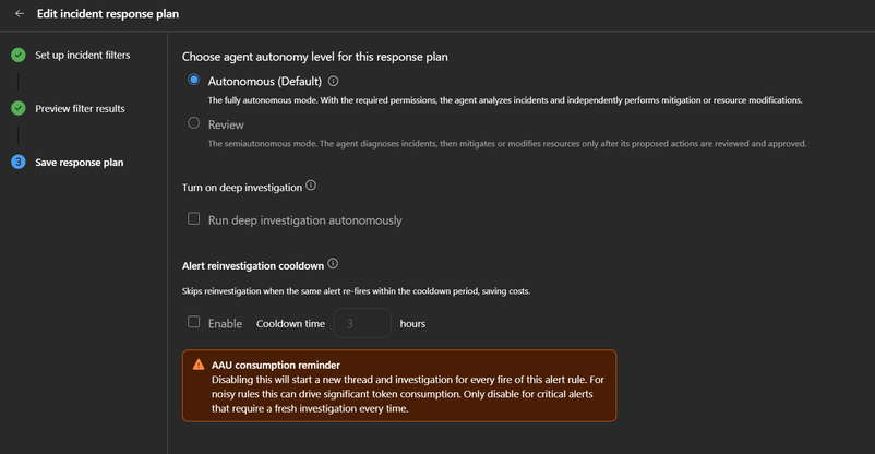 Response plan Save step with merge disabled and warning banner