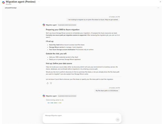 Invoking the Azure Migration Copilot Agent for on-premises data migration