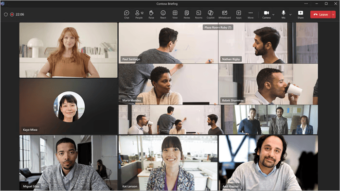 A Teams meeting screen, showing different sized video frames of individual and group attendees.