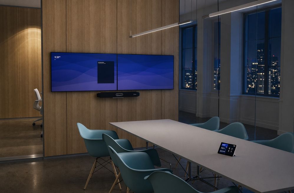 A Teams room, showing dual screens mounted on a wall, a video/speaker bar, and a touch panel on a conference table at night.