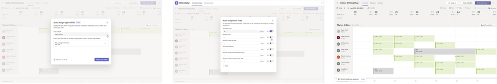 A series of four screen shots demonstrating the process to auto-assign open shifts to available employees.