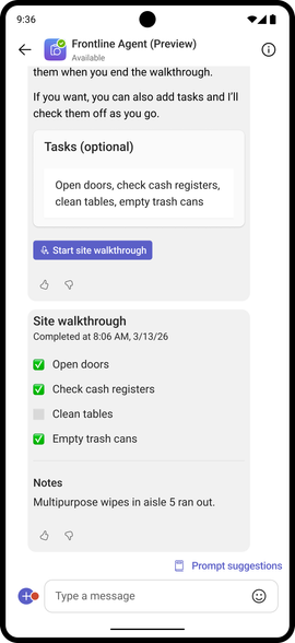 A mobile screen, showing the site walkthrough agent