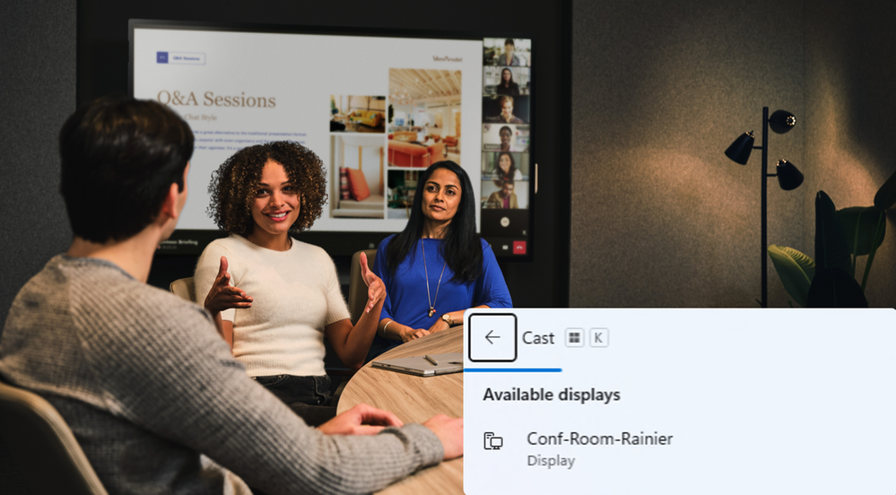 Meeting attendees in a Teams room, with the screen showing the device options for screen mirroring.