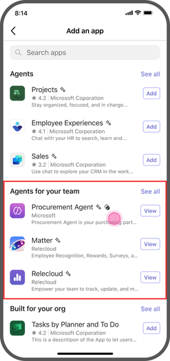 Una schermata mobile che mostra gli agenti disponibili in Teams mobile.