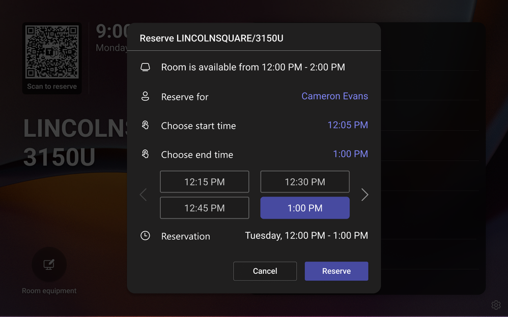 A Teams room panel, showing the ability to book the room for a future meeting.