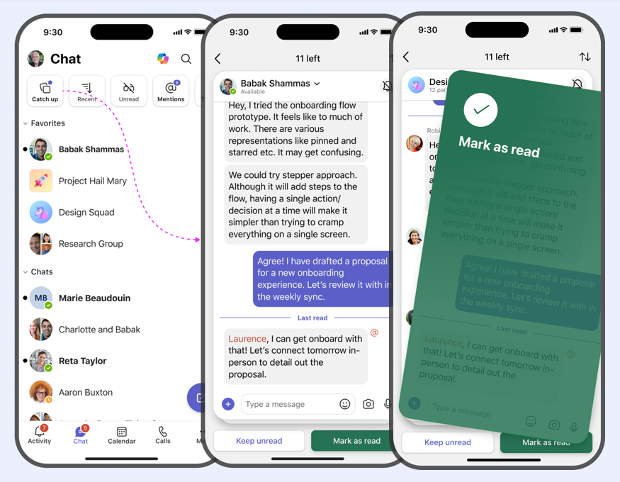 Progressione in tre schermate dell'esperienza Catch up su dispositivo mobile, dal pulsante Catch up ai dettagli del messaggio fino a "Segna come letto".