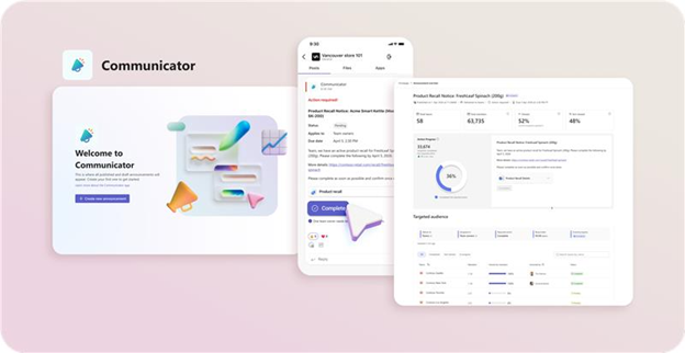 The Communicator desktop welcome page, a mobile view of the Communicator function, and the engagement dashboard.
