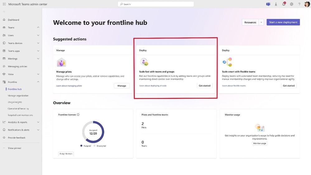 The Teams Admin center, showing the frontline hub and highlighting the deployment wizard.