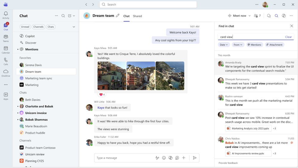 La finestra di chat di Teams, con il riquadro "Trova nella chat" sul lato destro.
