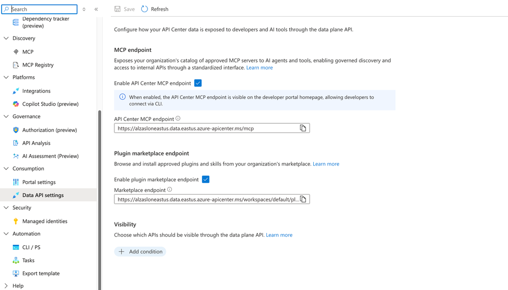 Configuração do data plane MCP server no portal Azure