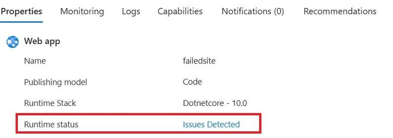 Interface do Site Status mostrando runtime state