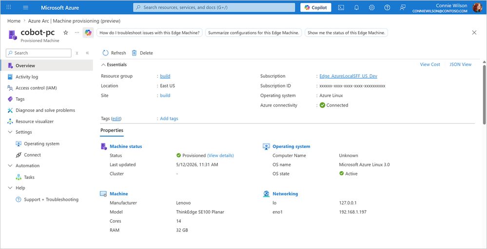 Screenshot do novo recurso Provisioned Machine no portal Azure