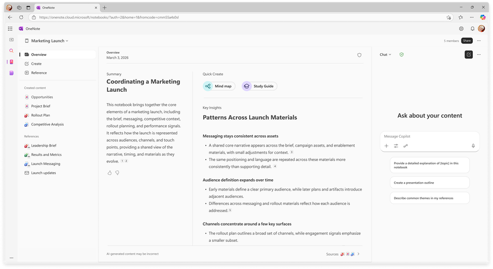 Screen shows the Copilot Notebooks experience for Copilot Chat users in OneNote