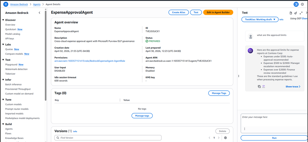 Fig 1. AWS console page showing "ExpenseApprovalAgent" details of the Agent blade