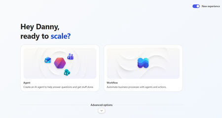 a screenshot of the new Copilot Studio homepage, showing the updated interface with a button to create an agent and a button to create a workflow