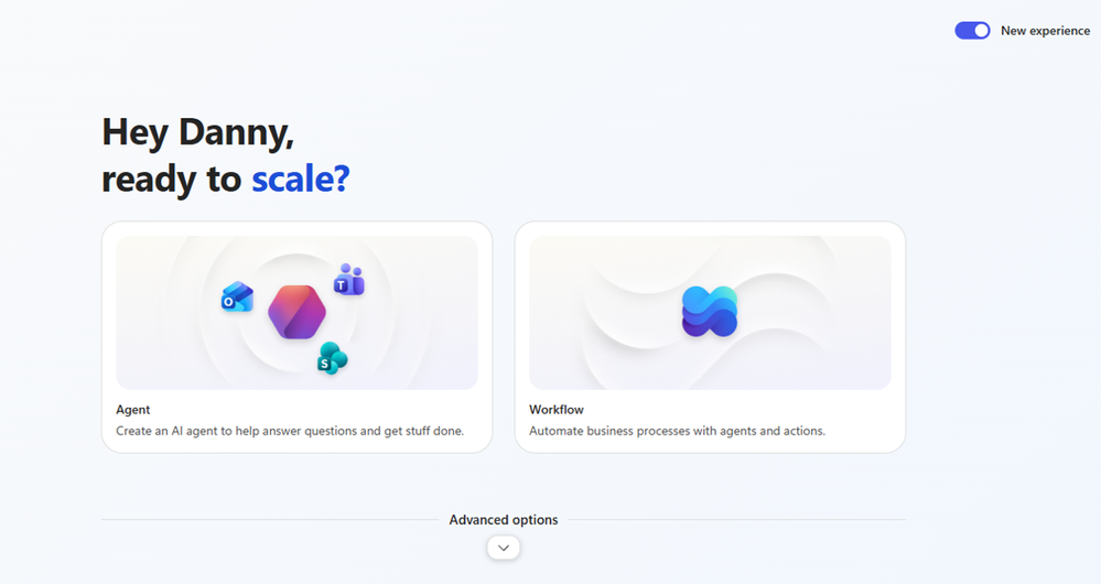 a screenshot of the new Copilot Studio homepage, showing the updated interface with a button to create an agent and a button to create a workflow