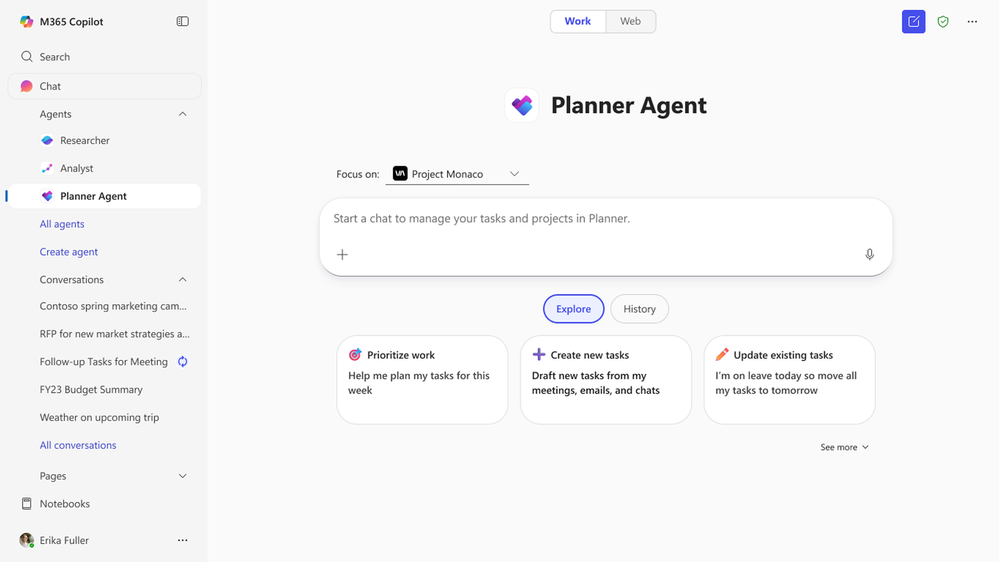A screenshot of the Planner Agent home page in Microsoft 365 Copilot shows suggested prompts for prioritizing work, creating new tasks, and updating existing tasks.