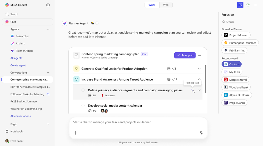 A screenshot of Microsoft 365 Copilot Chat shows a response from Planner Agent with a task card that includes two goals and relevant tasks.