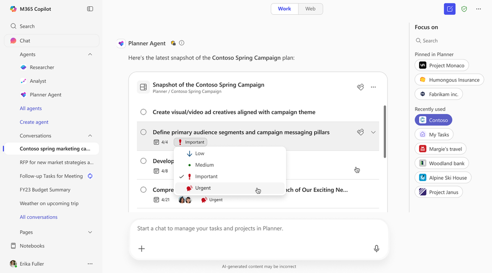 A screenshot of Microsoft 365 Copilot Chat shows a response from Planner Agent with a task card. Progress of one of the tasks is being updated from Important to Urgent.