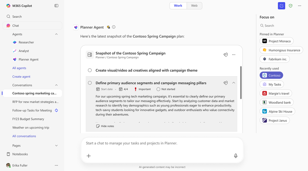 A screenshot of Microsoft 365 Copilot Chat shows a list of Planner plans (organized by Pinned in Planner and Recently used) to the right of a user prompt and response from Planner Agent.