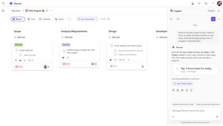 A screenshot of Planner for the web shows a plan in Board view with the Planner Agent chat pane open to the right, including a user prompt and response from Planner Agent.