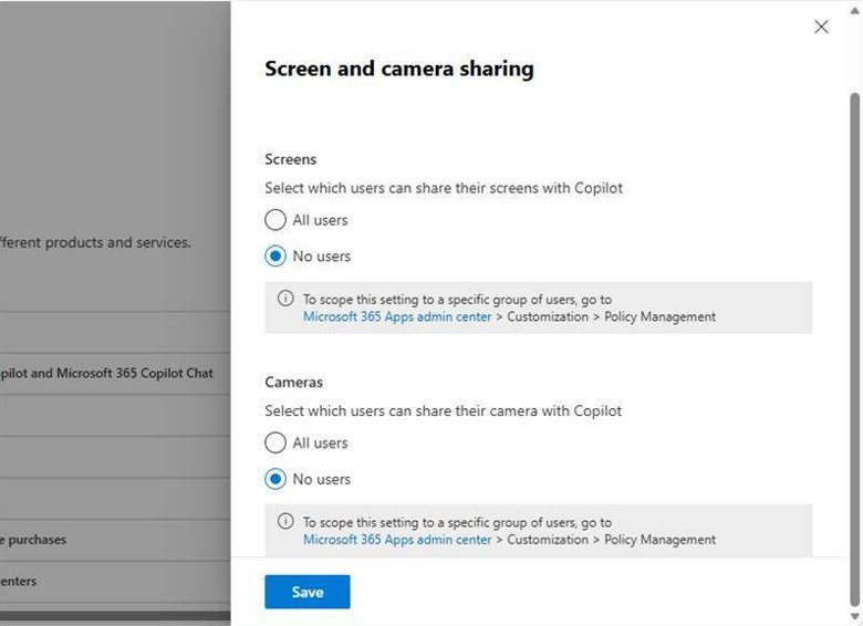 Admin settings page showing Screen and camera sharing controls for Copilot, with “No users” selected for both screens and cameras, and a Save button to enforce restrictions on real-time input.