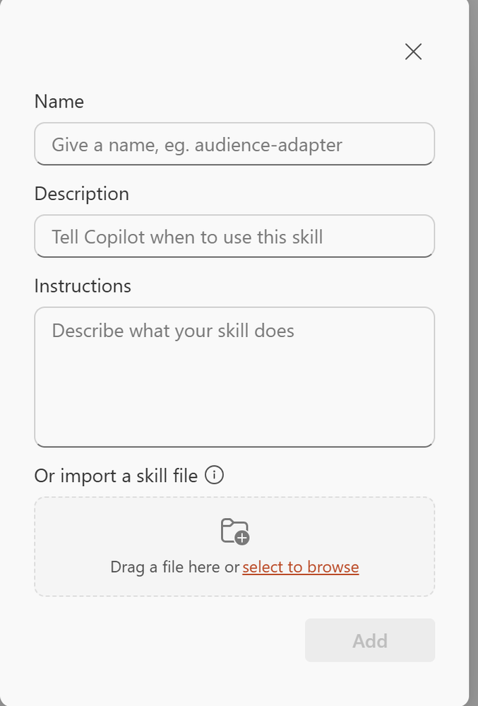 Image of custom skills user interface in Copilot in PowerPoint.