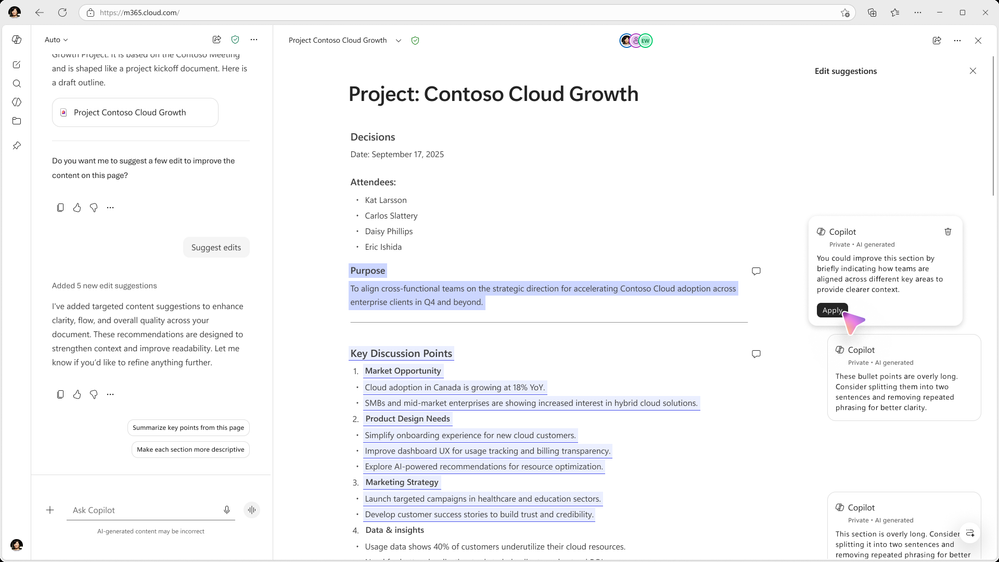 A Copilot Page with a headline that says Project: Contoso Cloud Growth and a section of the content highlighted with a small Copilot window with an improvement suggestion.