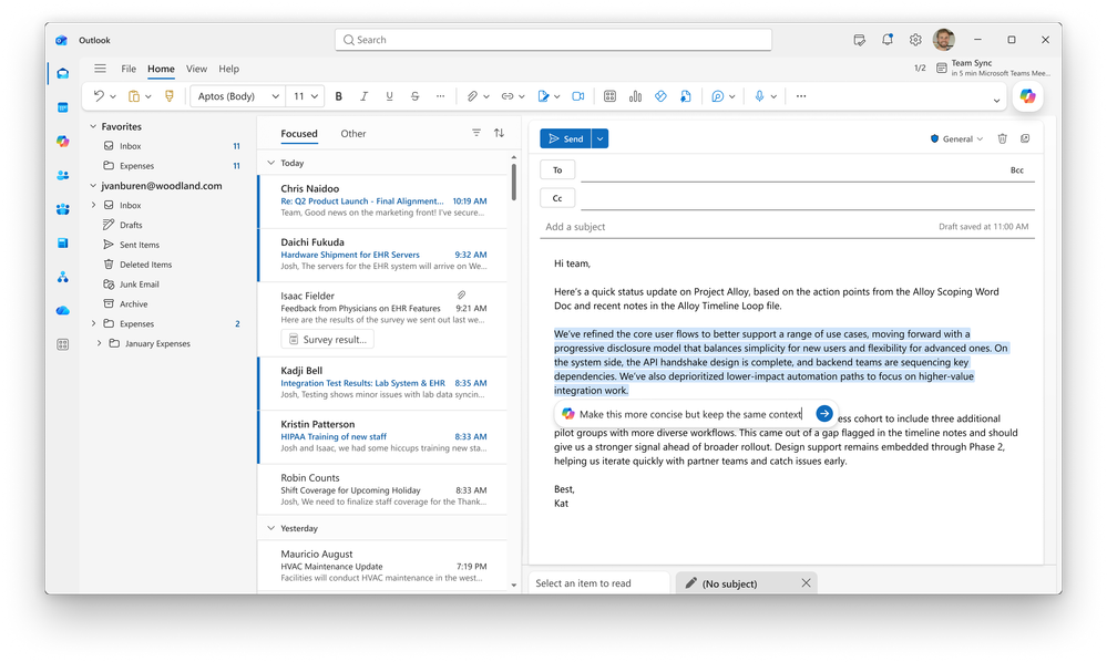 Screenshot of Outlook compose on Windows showing Copilot’s inline rewrite experience, with a paragraph selected in an email draft and a prompt asking Copilot to “Make this more concise but keep the same context.”