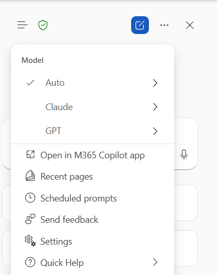 A menu for Copilot in Word showing different models including the latest Opus and Sonnet Models.