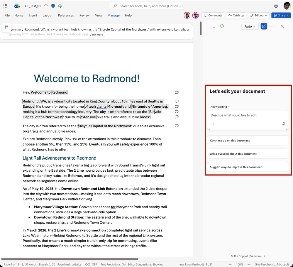 Image of UI for Copilot Catchup that shows a text bubble that says catch me up on this document