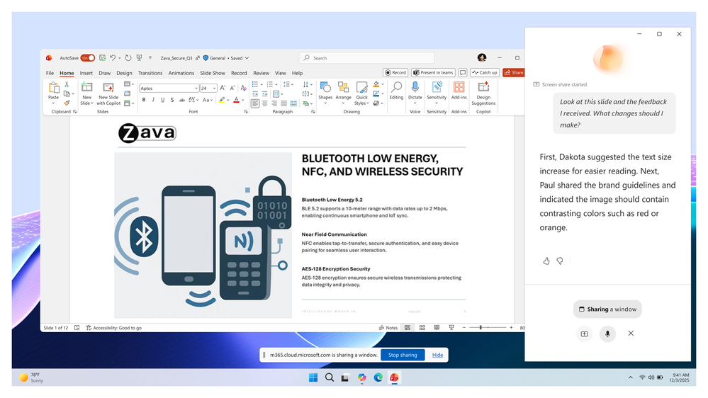 A screenshot of Microsoft 365 Copilot Chat where the where the user has used vision to share an image on the screen for Copilot to review and respond.