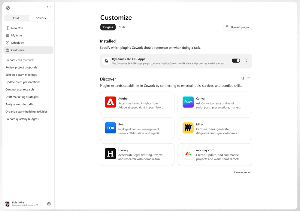The Customize screen of Copilot Cowork to add and manage plugins.