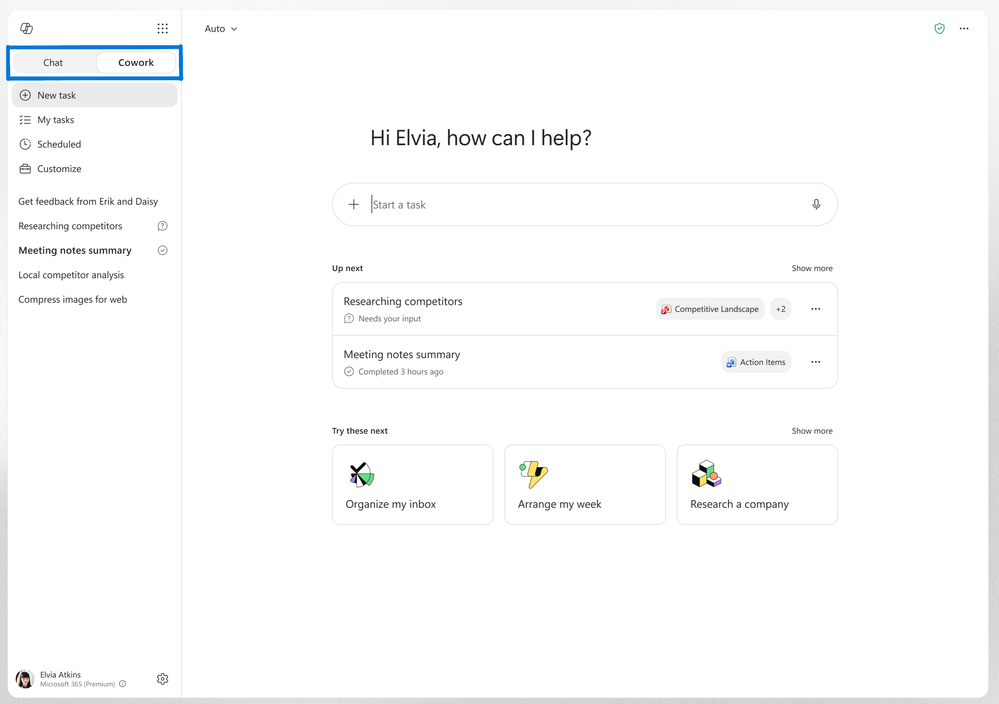 The home page of Copilot Cowork which is a toggle at the top of Microsoft 365 Copilot next to Chat.