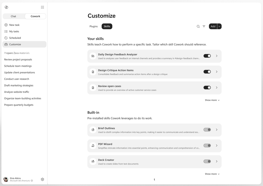 Customize page of Copilot Cowork that shows where you can create, edit and manage your custom skills and skills from plugins.