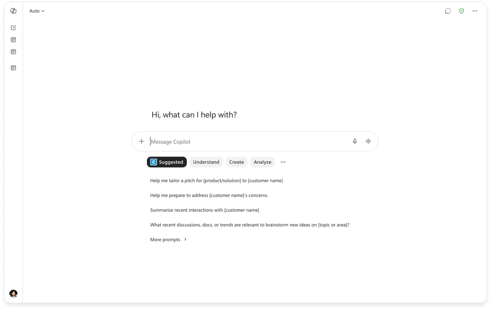 A Copilot window showing an icon that is called Suggested with a list of four suggested prompts.