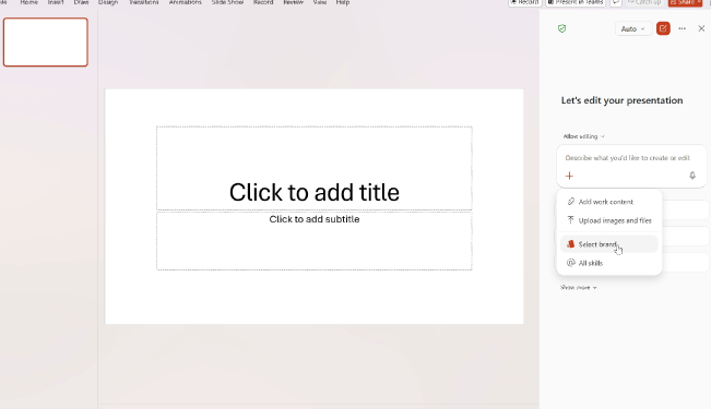 Image of an open PowerPoint deck that shows selecting brand under Copilot chat box