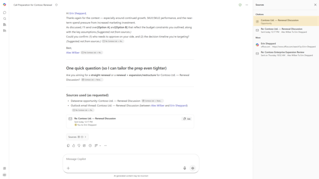 A Copilot window showing citations including a renewal discussion.
