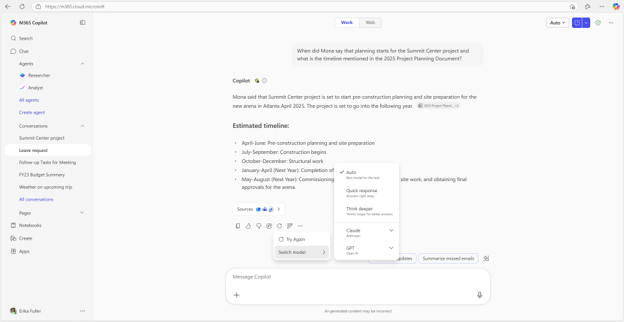 A Microsoft 365 Copilot app open to show a chat where there is an option to switch the model being used.