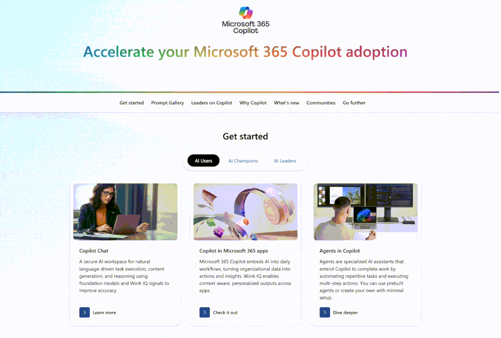 Web Microsoft 365 Copilot s titulkem „Accelerate your Microsoft 365 Copilot adoption“, navigačními odkazy a třemi sekcemi: Copilot Chat, Copilot in Microsoft 365 apps a Agents in Copilot.