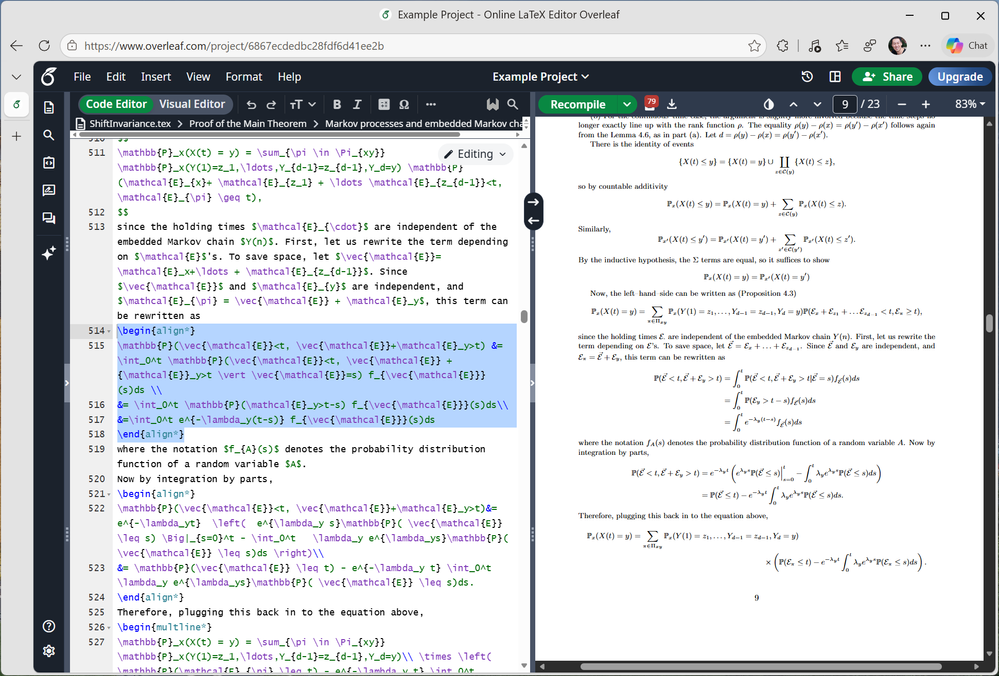 Selection of LaTeX in a TeX document in Overleaf.