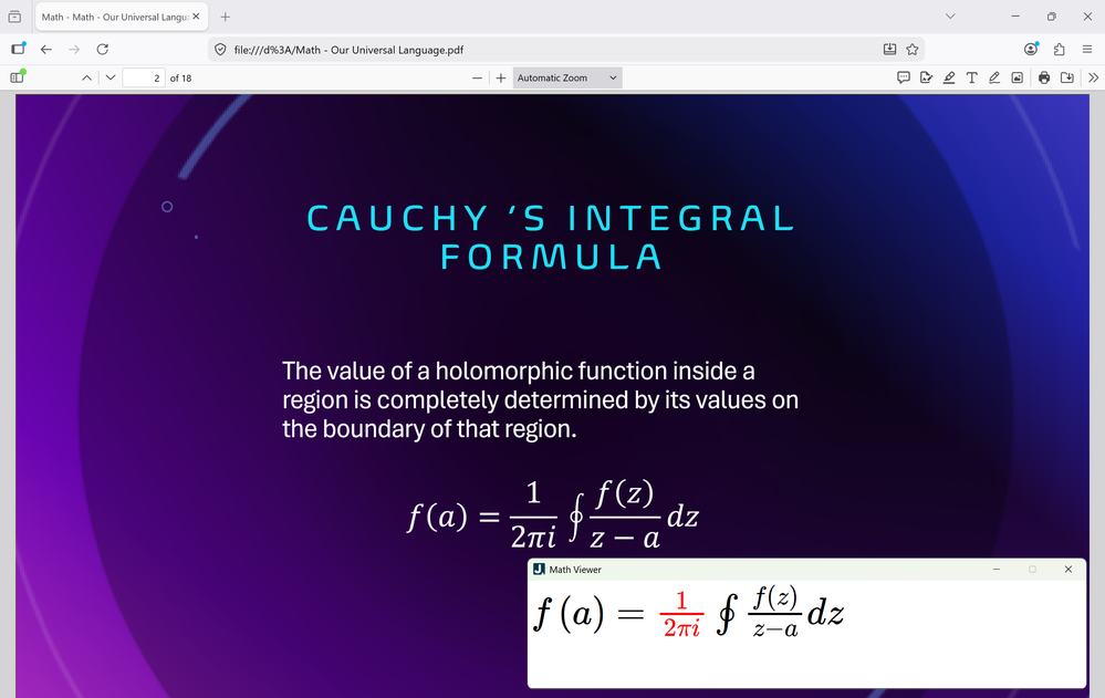 Firefox displaying the PDF exported from PowerPoint with math and JAWS Math Viewer with the same math with part of it highlighted.