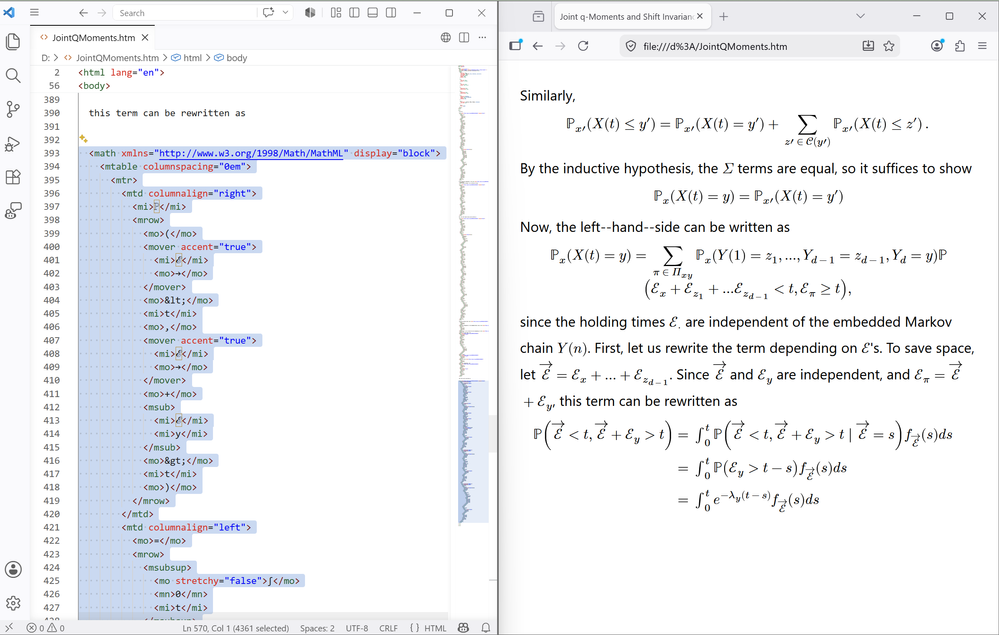 Visual Studio Code with the HTML source for a webpage with the pasted MathML Core selected and Firefox displaying the web page including math that renders the same as it does in PowerPoint.