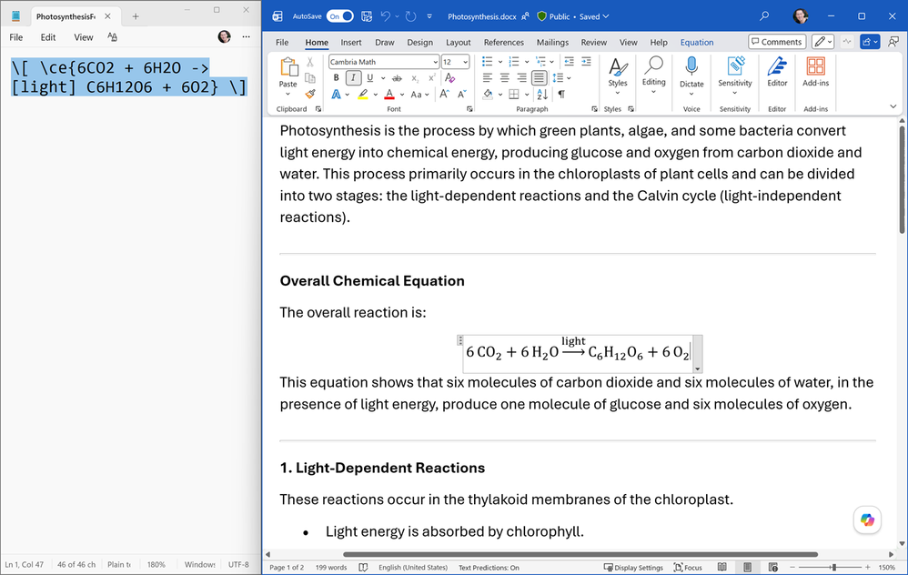 Selecting and copying LaTeX for a chemical formula in Notepad and pasting it as native Office Math with the chemical formula in Word for Windows