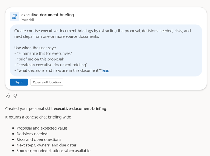 A personal Copilot skill being created for recurring work in SharePoint