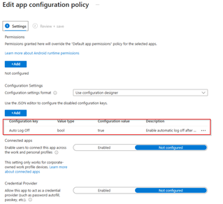 This screenshot shows the Intune settings that administrators can configure for Auto Logoff.